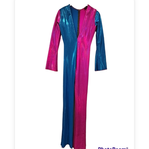 Super hot pink Metallic blue v neck fitted Jumpsuit.M8 costom made. - Picture 5 of 7